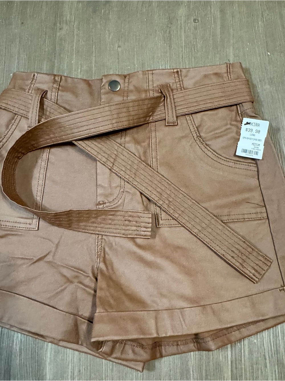 AKIRA Brown Faux-Leather Belted High-Rise Skort